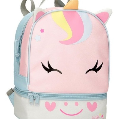 Mochila infantil tipo unicórnio colorida com zíperes e detalhes divertidos