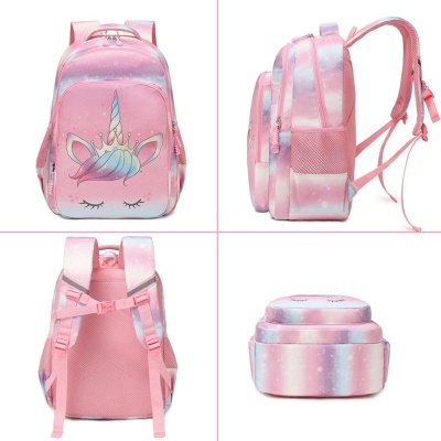Mochila infantil rosa e azul com estampa de unicórnio e estrelas brancas
