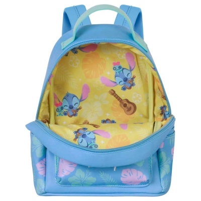 Mochila azul para crianças com padrão de folhas e personagem animada no interior