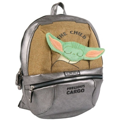 Mochila infantil Baby Yoda castanho e prateado com orelhas verdes