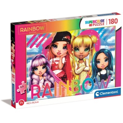Caixa de quebra-cabeças Rainbow High com 180 peças e imagem colorida de quatro personagens femininas de desenho animado.