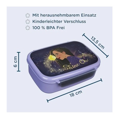 Caixa de plástico roxa com tampa decorada e texto Shine On