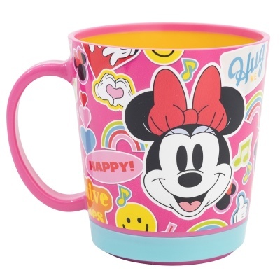 Caneca colorida com desenho da Minnie Mouse e elementos decorativos coloridos