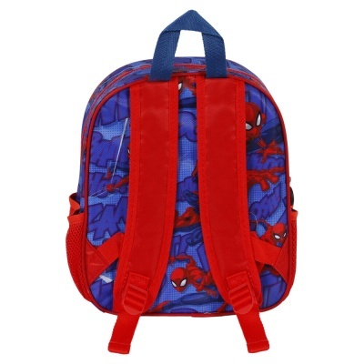 Mochila infantil azul e vermelha com padrão do Homem-Aranha e alças vermelhas