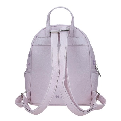 Mochila lavanda pequena em pele sintética com flores e alças reguláveis