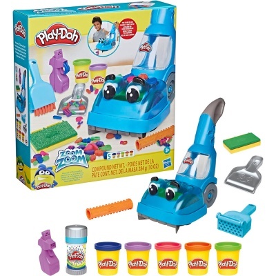 Conjunto Play-Doh Zoom n' Clean com aspirador de brinquedo azul, cinco potes coloridos de massinha e acessórios variados