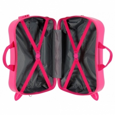 Mala de viagem rígida rosa aberta com interior preto e cintas cruzadas rosas