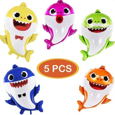 Cinco balões de tubarão coloridos com expressões divertidas e texto 5 PCS