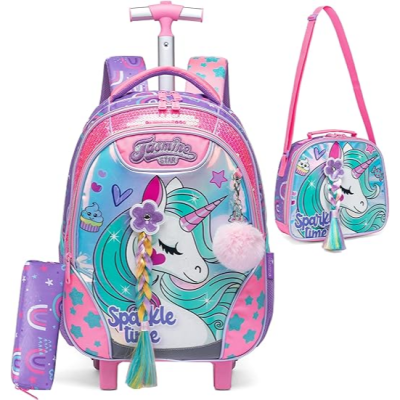 Mochila de rodinhas infantil rosa lilás com unicórnio e bolsa pequena