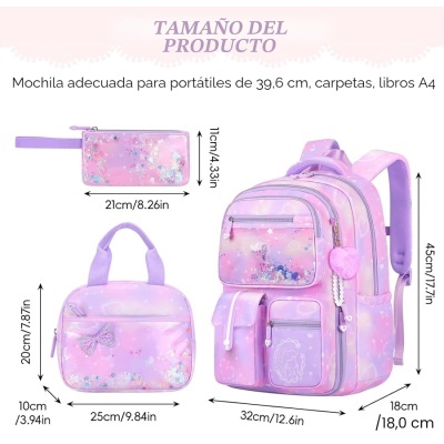 Conjunto de mochila, bolsa e estojo cor-de-rosa e lilás com padrões brilhantes e de estrelas