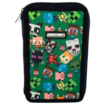 Estojo verde com estampado Minecraft colorido e bordas pretas.