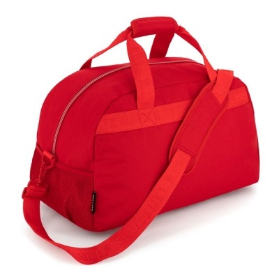 Mala de viagem vermelha com alça ajustável e bolso lateral em rede