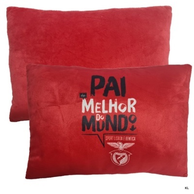 Dois almofadas vermelhas, uma com texto do pai melhor do mundo e emblema Sport Lisboa e Benfica.