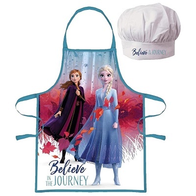 Avental infantil e chapéu de cozinheiro do filme Frozen com personagens e texto