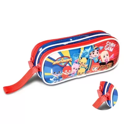 Estojo colorido com personagens animados e texto CORAGEM e AVENTURERS