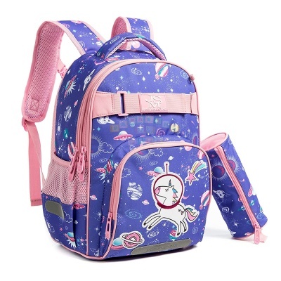 Mochila azul com padrão espacial e unicórnio astronauta, com estojo combinado