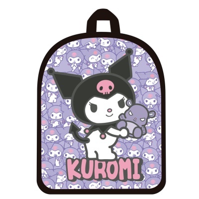 Mochila roxa com personagem Kuromi e texto 'KUROMI'