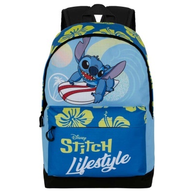 mochila azul com personagem Stitch a surfar e texto Stitch Lifestyle