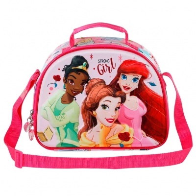 Bolsa cor-de-rosa com personagens animadas femininas e texto 'STRONG Girl'