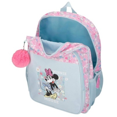 Mochila azul clara e rosa com Minnie Mouse e padrão floral