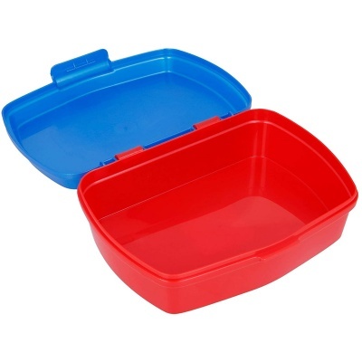 Caixa plástica vermelha com tampa azul para lanche aberta