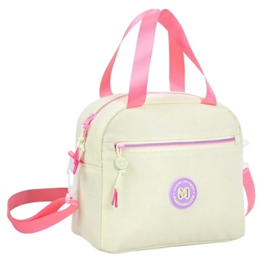 Mala pequena creme com alças rosa e bolso frontal com fecho rosa