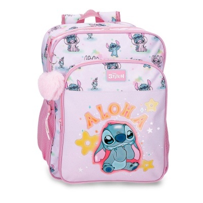 Mochila rosa clara com estampado Stitch e texto ALOHA