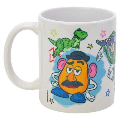 Caneca de cerâmica branca com desenhos dos personagens Toy Story