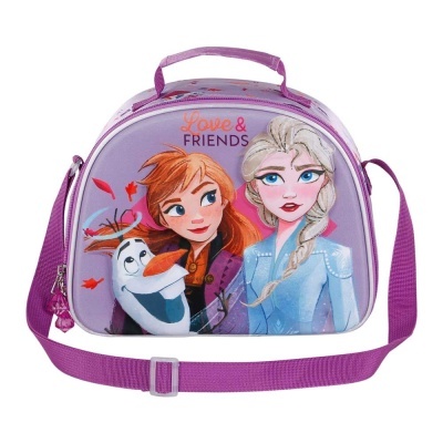 Mala infantil roxa com personagens do Frozen e texto Love & FRIENDS