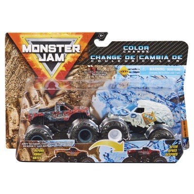Brinquedos Monster Jam camião preto e urso Yeti branco que muda de cor na embalagem