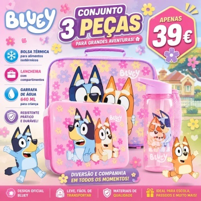 Conjunto rosa de 3 peças Bluey com personagens animados, bolsa térmica, lancheira e garrafa de água em fundo cor-de-rosa com flores.