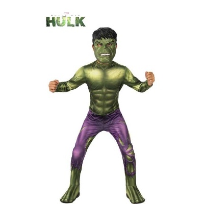 Fato de Carnaval do Hulk verde e roxo com máscara e texto HULK