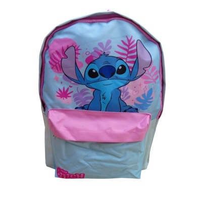 Mochila azul claro e rosa com estampa do personagem Stitch e bolso frontal rosa