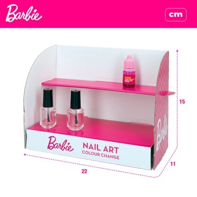 Expositor de vernizes Barbie em cartão rosa e branco com três frascos de verniz.