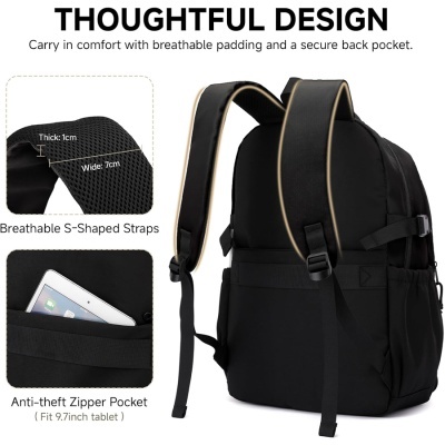 Mochila preta com alças acolchoadas e bolso anti-roubo para tablet
