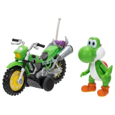 Figura de Yoshi verde e mota verde de brinquedo sobre fundo branco