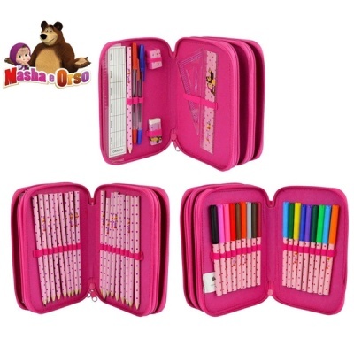 Estojo escolar rosa Masha e Orso com material de desenho dentro
