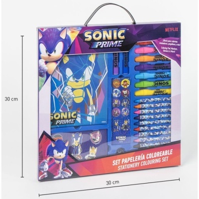 Conjunto de papelaria Sonic Prime com canetas coloridas, lápis, cadernos e embalagem