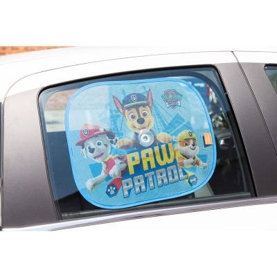 Protetor solar de janela de carro azul com personagens da Patrulha Pata e texto PAW PATROL.