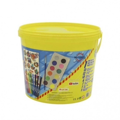 Balde amarelo com conjunto de pintura incluindo lápis, canetas, marcadores, pincéis e paleta de tintas