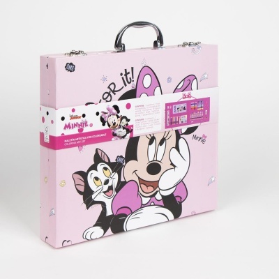 Maleta artística cor-de-rosa com ilustração de Minnie e gato preto e punho metálico