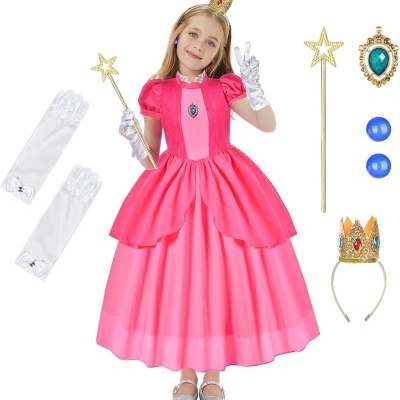 Vestido cor-de-rosa para criança estilo princesa com acessórios em fundo branco