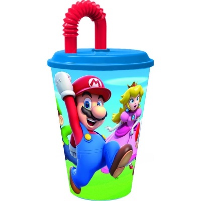 Copo de plástico colorido com tampa azul e personagem Mario impresso