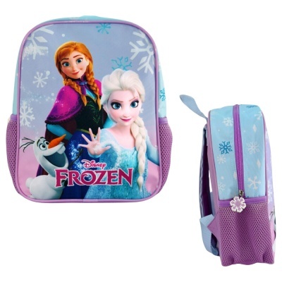 Mochila infantil com personagens do Disney Frozen em tons de azul e lilás