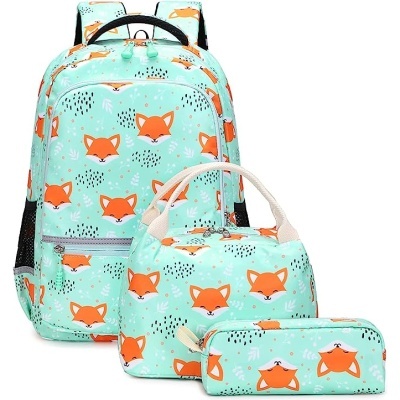 Conjunto de mochila, lancheira e estojo com padrão de raposas em verde água