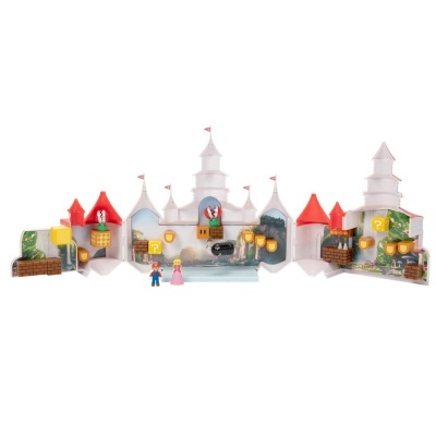 Conjunto de brinquedo castelo com torres brancas e vermelhas e figuras pequenas