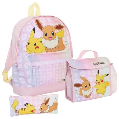Conjunto escolar rosa e lilás com personagens Pikachu e Eevee do Pokémon