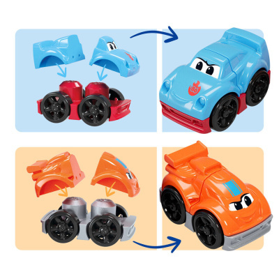 Miniaturas de carros de brincar desmontáveis azul e laranja com olhos e rodas pretas