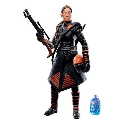 Figura de ação feminina com roupa preta e laranja, rifle e capacete, e frasco azul pequeno