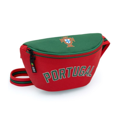 Pochete vermelha e verde com a palavra PORTUGAL e brasão português